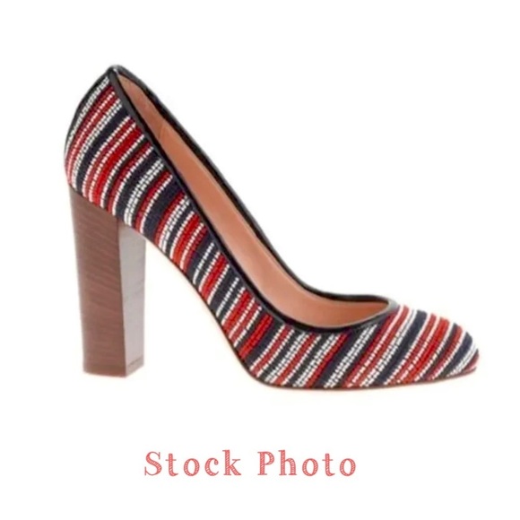 J.CREW Etta Tweed Woven Stripe Round Toe Block Heel Pumps in Blue with Red - Picture 9 of 9